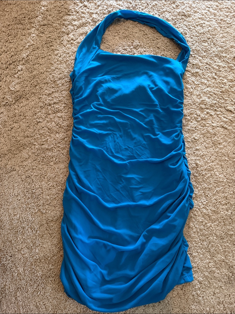 Lulu's Bright Teal Halter Ruched Bodycon Dress